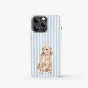 🐕 Happy Golden Retriever IP Phone Case 💙 Preppy Striped Dog Mom Aesthetic 🐾 Cute Watercolor Puppy Cover for IP Phone 17 16 15 14 13 12 11 X Pro Max Plus Mini