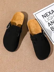 Men's Plus Size Comfortable Slippers, Thick Sole Anti-Slip Cork Bottom, Half-Enclosed Mules, Warm Fashion Suede Shoes, Arch Support Outdoor Beach Sandals, Round Toe Clogs