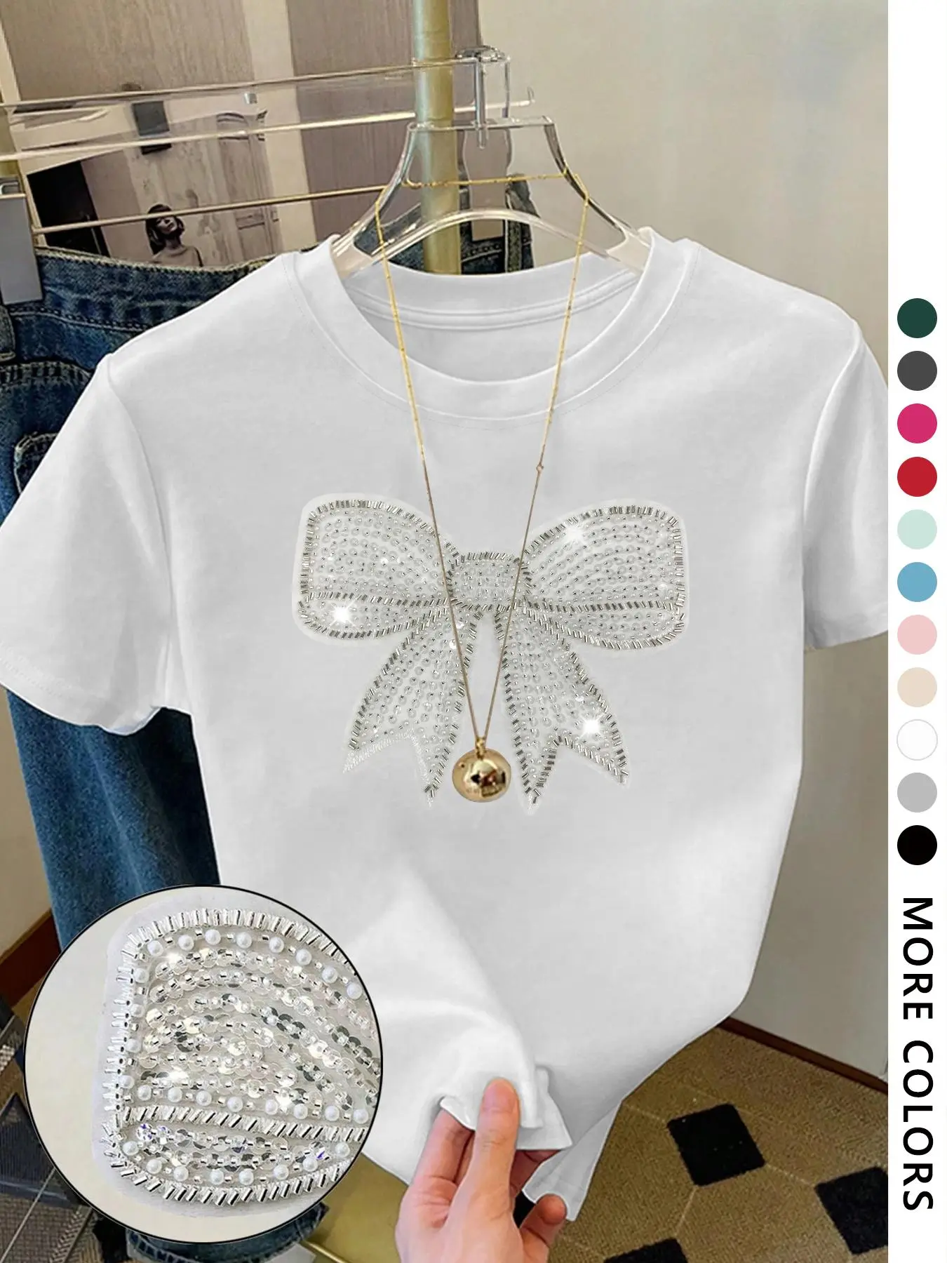 Women's Cartoon Bowknot Print Round Neck Tee, Fashion Casual Crew Neck Short Sleeve T-Shirt for Daily Holiday Outdoor Wear, Ladies Clothes for All Seasons