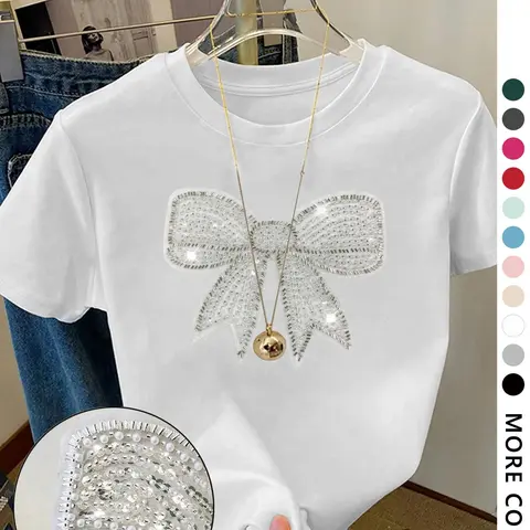 【Black Friday】Women's Cartoon Bowknot Round Neck T-Shirt, Fashion Casual Short Sleeve Tee for Daily Holiday Outdoor Wear, Ladies Clothes for All Seasons
