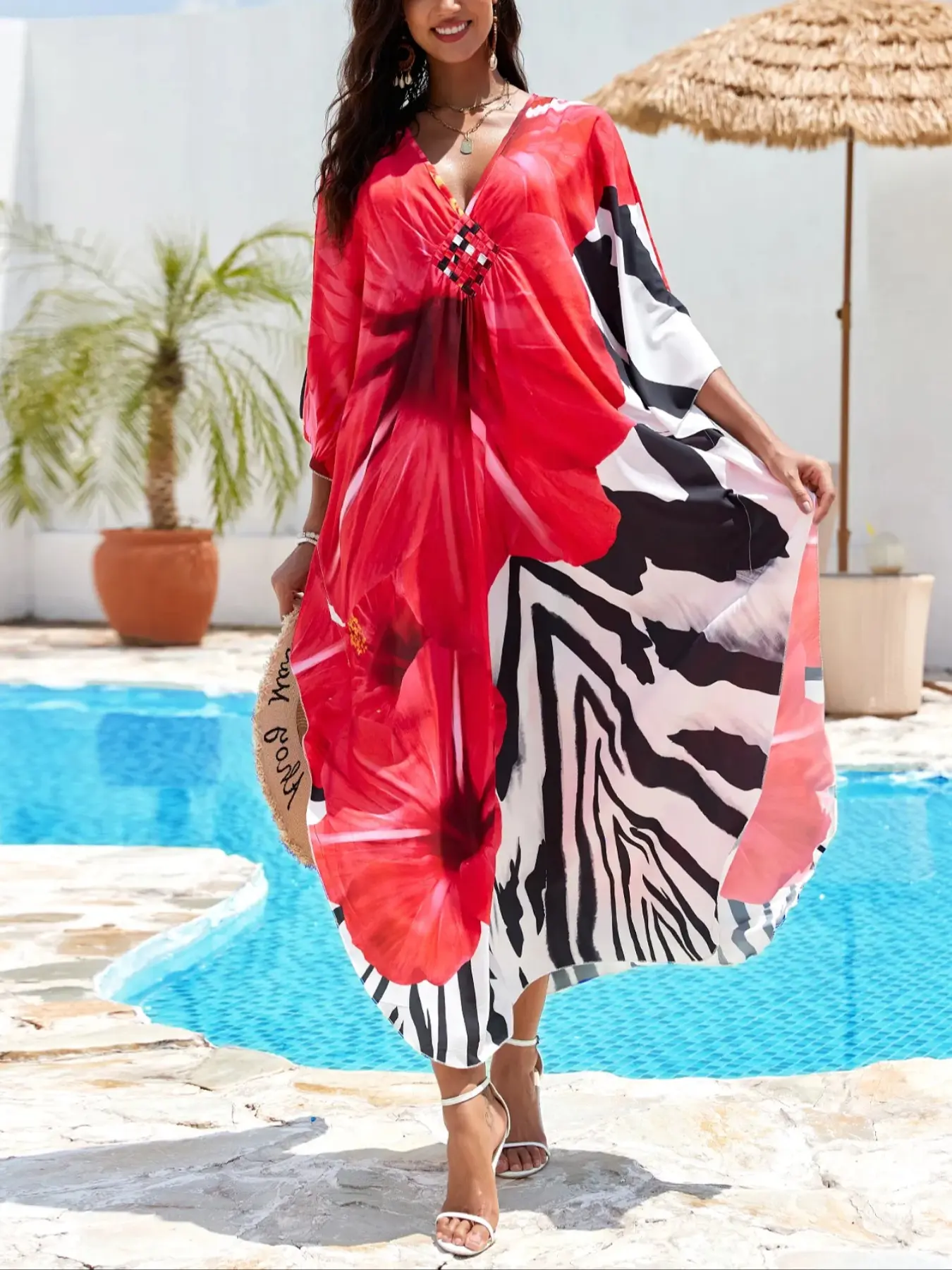Women's Makabo Kaftan Dress, V-Neck Colorful Print Swimsuit Coverup, Perfect for Swimsuit & Casual Wear, Stylish Summer