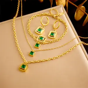 Stainless Steel 18K Gold Plated Jewelry Set for Women, Emerald Green Square Cubic Zirconia Pendant Double Layer Necklace Hoop Earrings Bracelet, Fashion OL Commuter Stackable Jewelry
