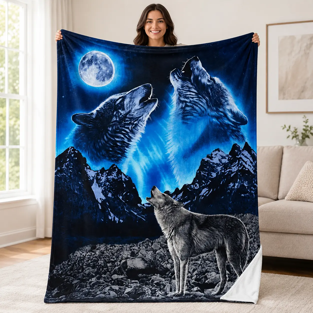 Super Soft Fluffy Howling Wolf Print Flannel Blanket - 280GSM Cozy Throw with Majestic Wolf & Mountain Design, All-Season Comfort for Bedroom, Sofa, Mixed Colors Blankets, Soft Fluffy Blanket
