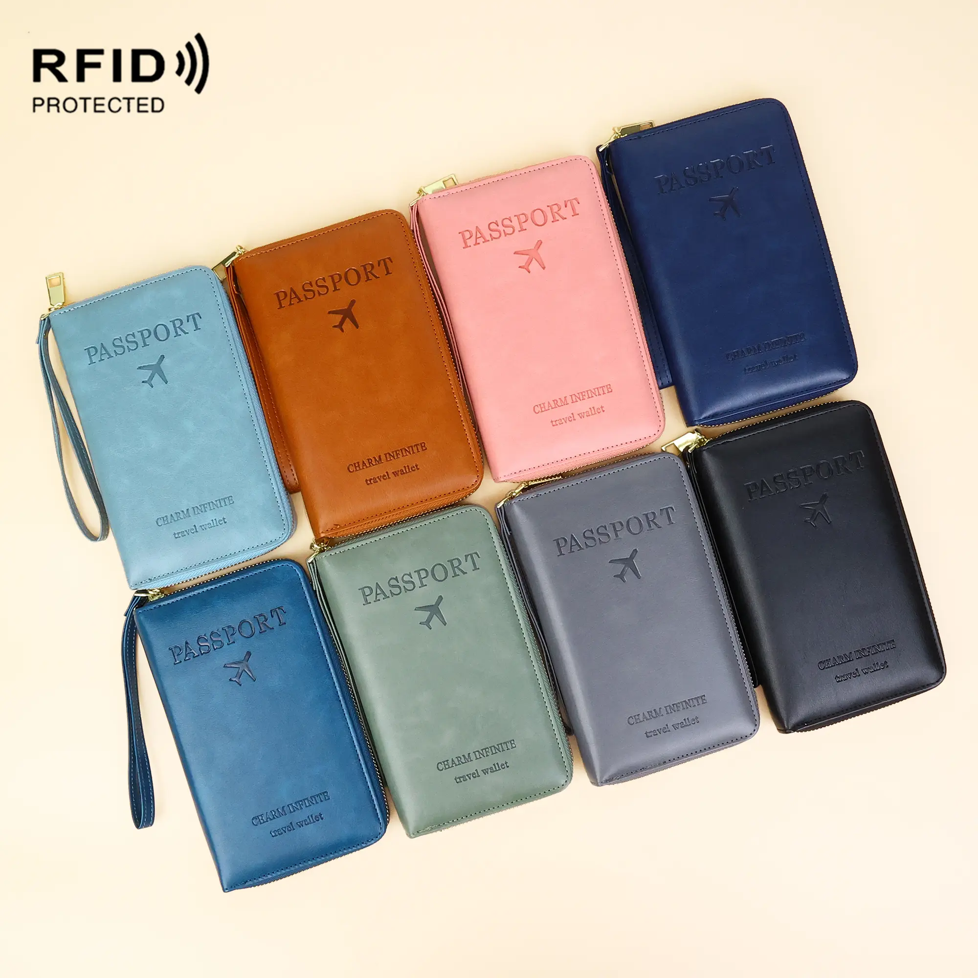 RFID Travel Passport Wallet, Solid Color Anti-Theft Holder for Credit Cards & Airline Tickets, Zipper Closure with Wrist Strap Blocking