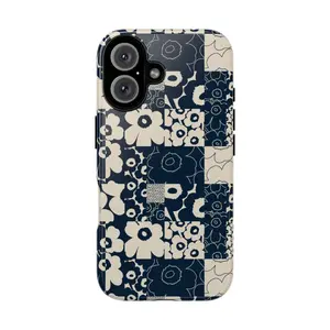 Navy Floral Patchwork Tough Phone Case, Vintage Flower Pattern Protective Cover, Stylish & Elegant Design, gift