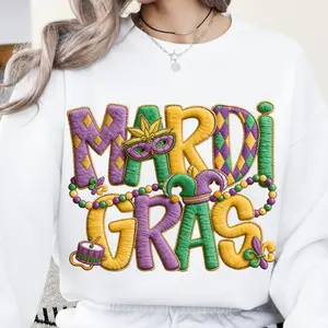 Mardi Gras Faux Yarn Crochet Sweatshirt, Preppy Louisiana Fleur de Lis Shirt
