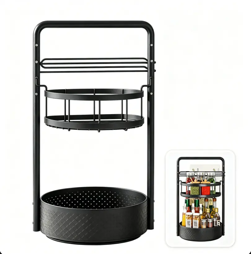 2-Tier 360 Rotating Spice Rack Organizer with Paper Towel Holder, Adjustable Carbon Steel Kitchen Counter Seasoning Storage Turntable, Portable Matte Black Condiment Caddy for RV BBQ Countertop Cabinet