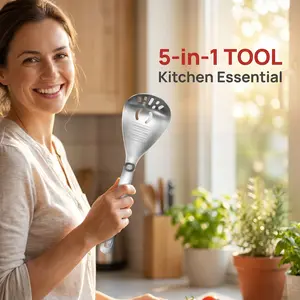 5-in-1 Stainless Steel Kitchen Tool | Potato Masher, Egg Separator, Garlic Grater, Draining Spoon & Strainer | Heavy Duty 304 Food Grade, Dishwasher Safe, for Potatoes, Avocado, Beans & Veggies