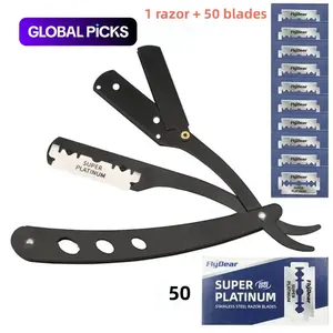 Men Shaving Razor Set, 1 Set Manual Razor with 50 Replacement Stainless Blades, Professional Beard Shaving Tool