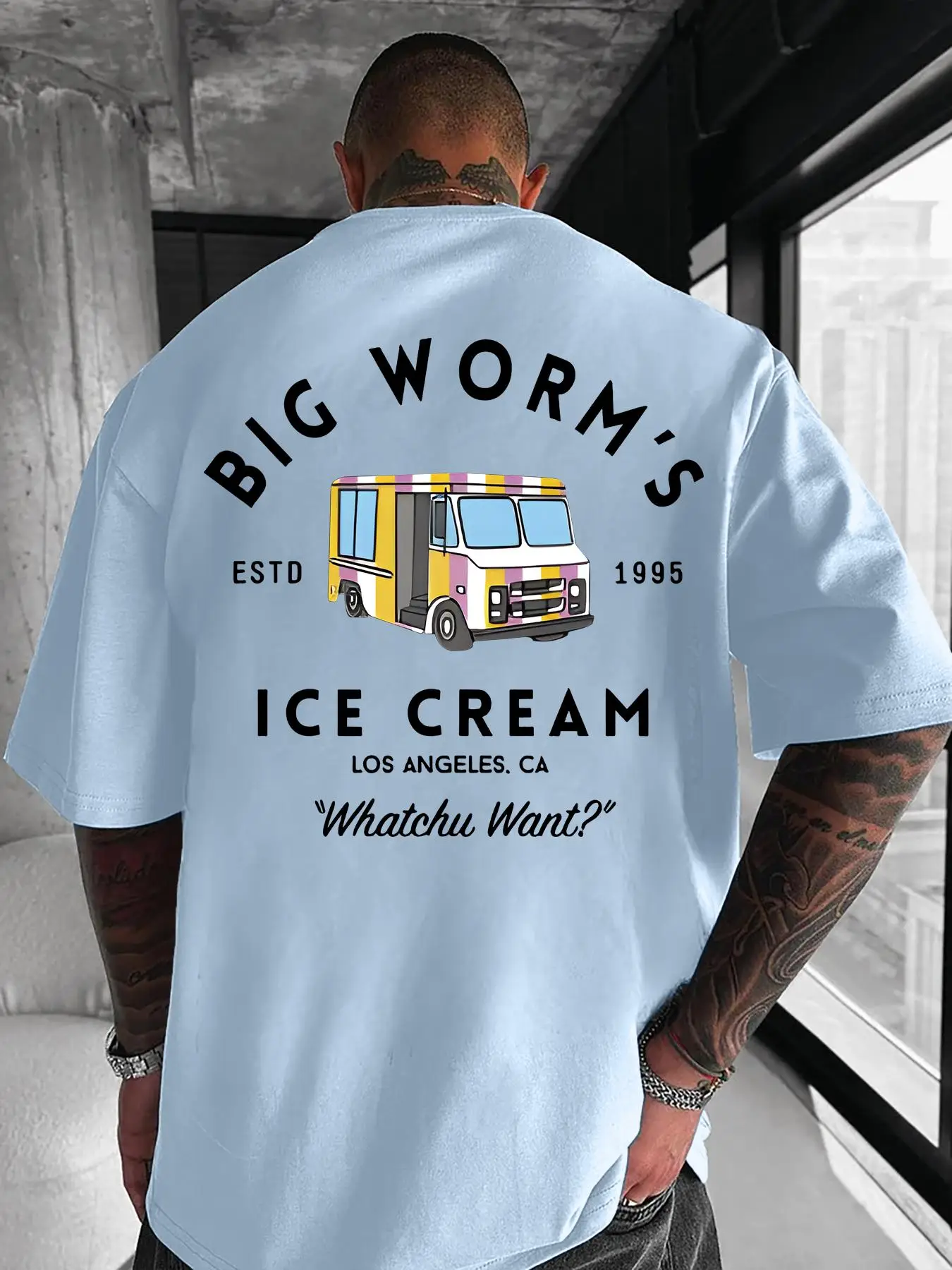Men's Cartoon Ice Cream Truck & Letter Print Round Neck Tee, Loose Street Fashion Casual Short Sleeve T-shirt for Daily Wear, Men's Clothes for All Se