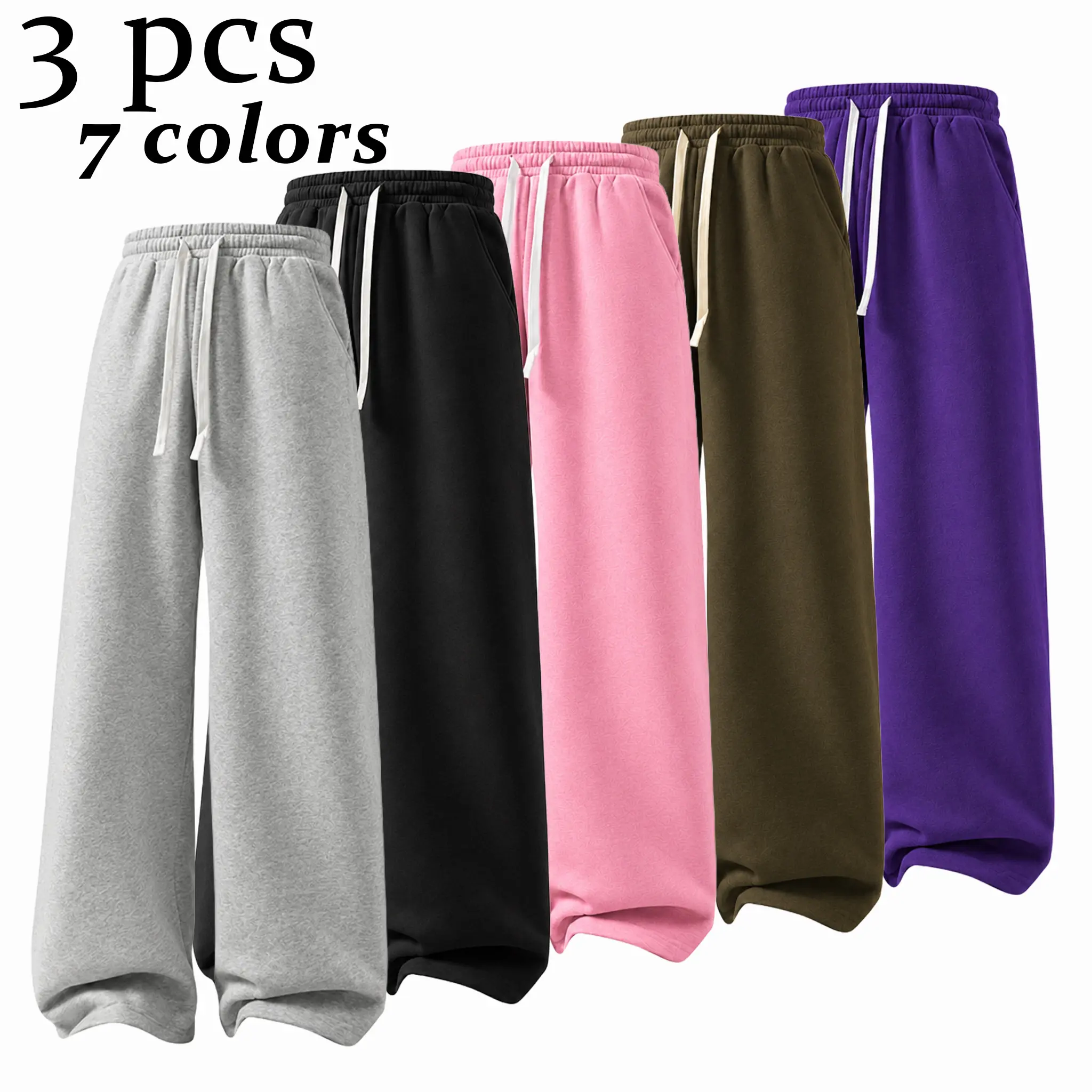 Multiple Packs Available | Men Solid Wide Leg Sweatpants, Elastic Waist Drawstring Loose Casual Pants, Soft Daily Loungewear Trousers, 7 Colors Available
