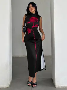Vintage Colorblock Rose Print High Neck Women Dress, Sexy Backless Long Skirt, Split Leg Design, Slimming Waist, Summer Club Party Wear, Womenswear