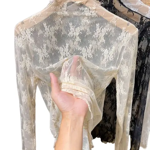 Women's High Neck Lace Cami Blouse Top, Fashionable Floral Pattern, Long Sleeve Sheer Mesh Fabric, Fitted Style for Spring & Autumn, Elegant and Comfortable Fashion
