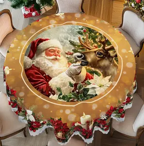 PLUMLIK Golden Christmas Tablecloth with Santa Claus, Reindeer, Christmas Flower Patterns, Christmas Decor 2025, Christmas Party Decoration for Indoor&Outdoor, Christmas Round Rectangular Table Cloth, Holiday Party Home Festive Decor, Christmas Gifts