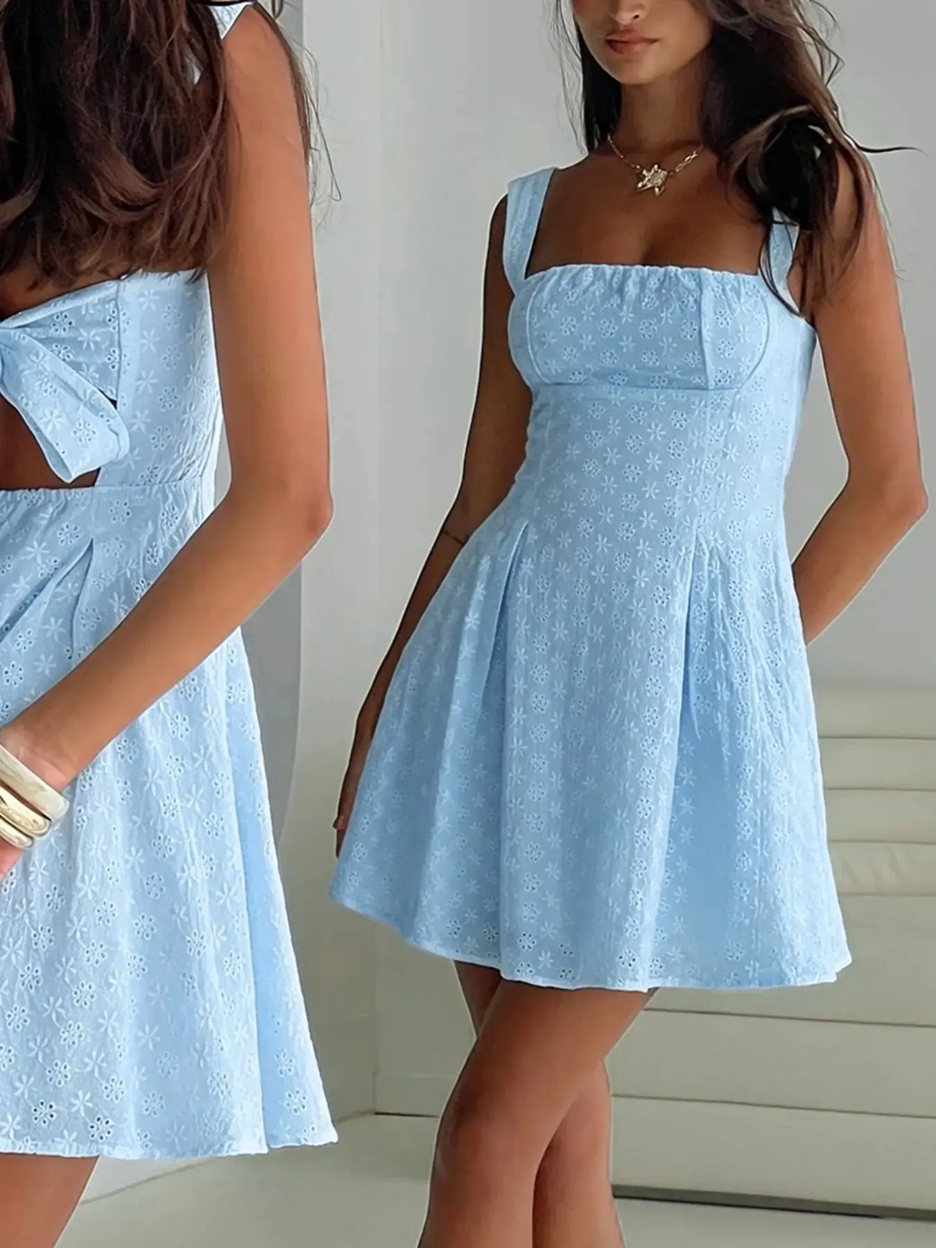 Sweet Backless Bow Tie Mini Sleeveless Dress Women Cute Outfit Daily Wear Occasion Party Dress Fully Lined Ladies Brunch Dress