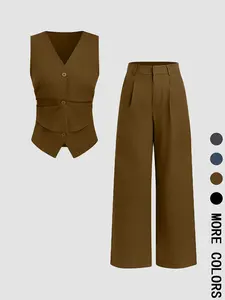 Two-piece Set Women's Solid Color Vest & Wide Leg Pants Set, Elegant Fitted Fashion Casual Two-piece Set for Daily Outdoor Wear, Women Clothing for All Seasons, Suits, Work Office Suit