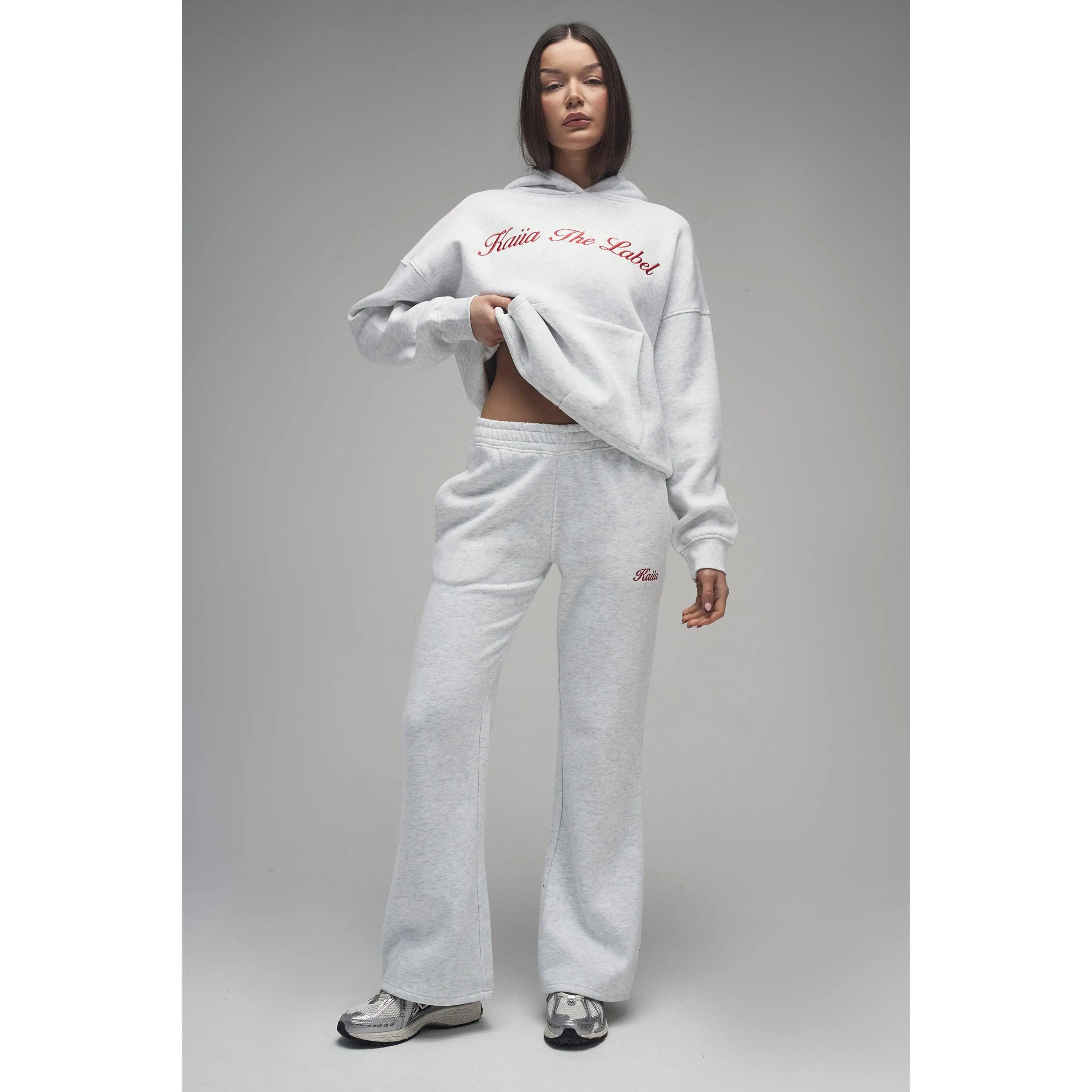 Kaiia Script Logo Wide Leg Joggers Light Grey Marl & Red