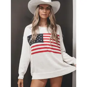 Women’s long-sleeve sweater top with US flag print, patriotic red, white, and blue, casual crewneck pullover, machine washable, suitable for spring, summer, and fall, fabric available at NC 2818305, womenswear.