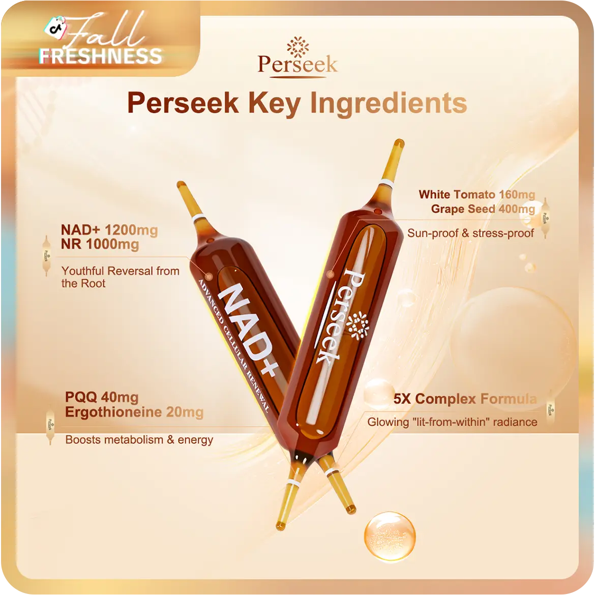 【FallFreshness】Perseek NAD+ Advanced Cellular Renewal 1200mg - 10 Vials for Anti-Aging Skin Energy & Focus Support - Healthcare Supplement