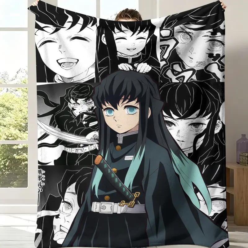 Demon Slayer Muichiro Tokito Flannel Throw Blanket - Black White Manga Panel Background, Central Full Color Mist Hashira Portrait, Nichirin Sword Design, Soft Fleece, Whimsical Dark Room House Decor, Anime Art All-Season Fan Gift
