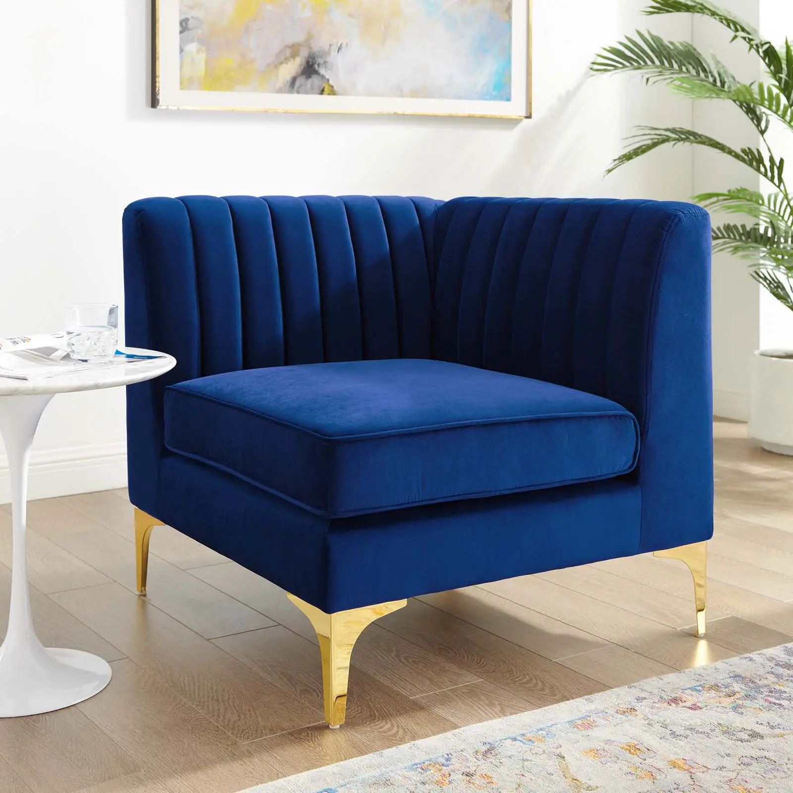 Modway Triumph Dense Upholstered Channel-Tufted Performance Velvet Sectional Sofa Corner Chair, Navy - Supportive Design, Robust Weight Capacity