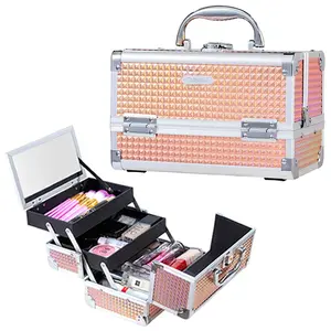 Joligrace Makeup Box Cosmetic Train Case Jewelry Organizer Lockable with Keys and Mirror 2-Tier Tray Portable Carrying with Handle Travel Storage Box Joligrace