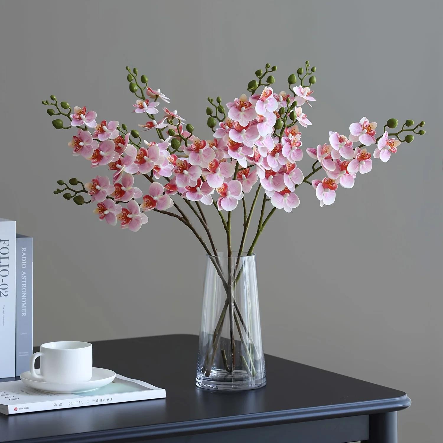 3-Pack 25.2inch Realistic Long Stem 2-Branch Artificial Orchid Flowers - Lifelike Plastic Fake Flowers for Home & Wedding Decor