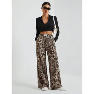 Women's Y2K Wide Leg Slick Polyester Pants Leopard Print Plaid Striped Grid Drawstring Baggy Loose Fit Streetwear Lounge Trousers Micro-Elastic ComfortGift
