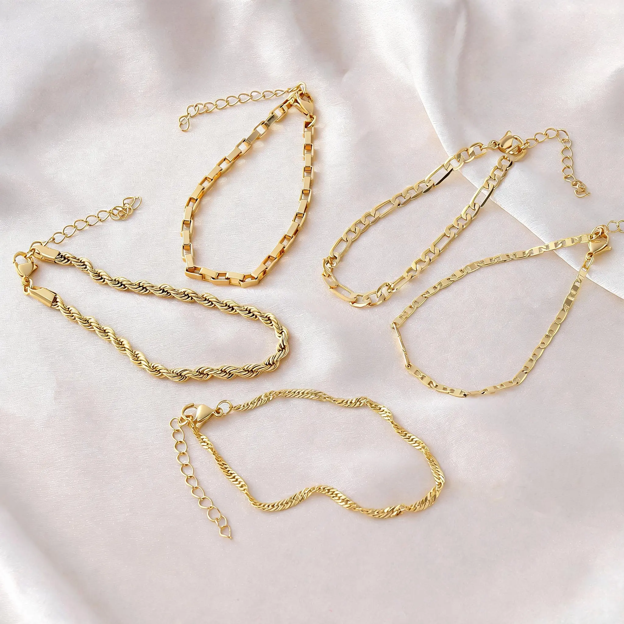 7.87 Inch 18k Gold Plated 5-Piece Chain Bracelet | Mixed Link Set with Cuban Rope & Paperclip Chains | Adjustable with 2 Inch Extender for WomenBoho Jewelry | Stackable Jewelry