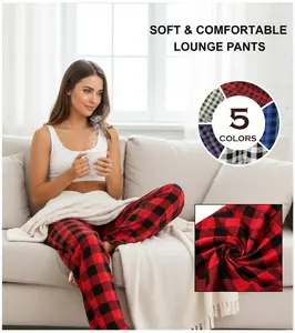 Women's Buffalo Plaid Pajama Pants,  Jersey Knit Sleep and Lounge PJ Bottoms Breathable Casual Colorful Comfy Cute Day Drawstring Elastic Everyday Fabric Womenswear Homewear Loungewear Nightwear Soft Fit Trouser Slip Romantic Heart Mesh Set sleepwear