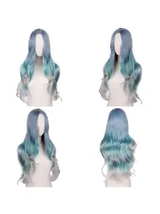 2025 Mermaid Wig Long Curly Hair Cosplay Colorful Women's Middle Part Mixed Blue Gray Dyed Gradient High-Temperature Fiber Full Fashion Party Wig