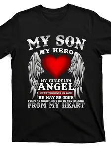 In Loving Memory My Son My Hero My Guardian Angel T Shirt Memorial Remembrance Gift for Parents Comfortable Round Neck Short Sleeve Unisex Adult Casual Tee with Wings Heart Design Ma Great for Coffee Date