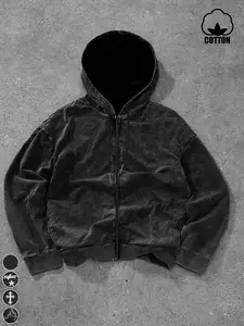 Y2K Vintage Black Casual Plain Long Sleeve Zip-up Hoodie, Men's Oversized Heavyweight Boxy Fit Sweatshirt Jacket, Essential Cozy Full Zip-Up for Streetwear and Vibe Aesthetic.