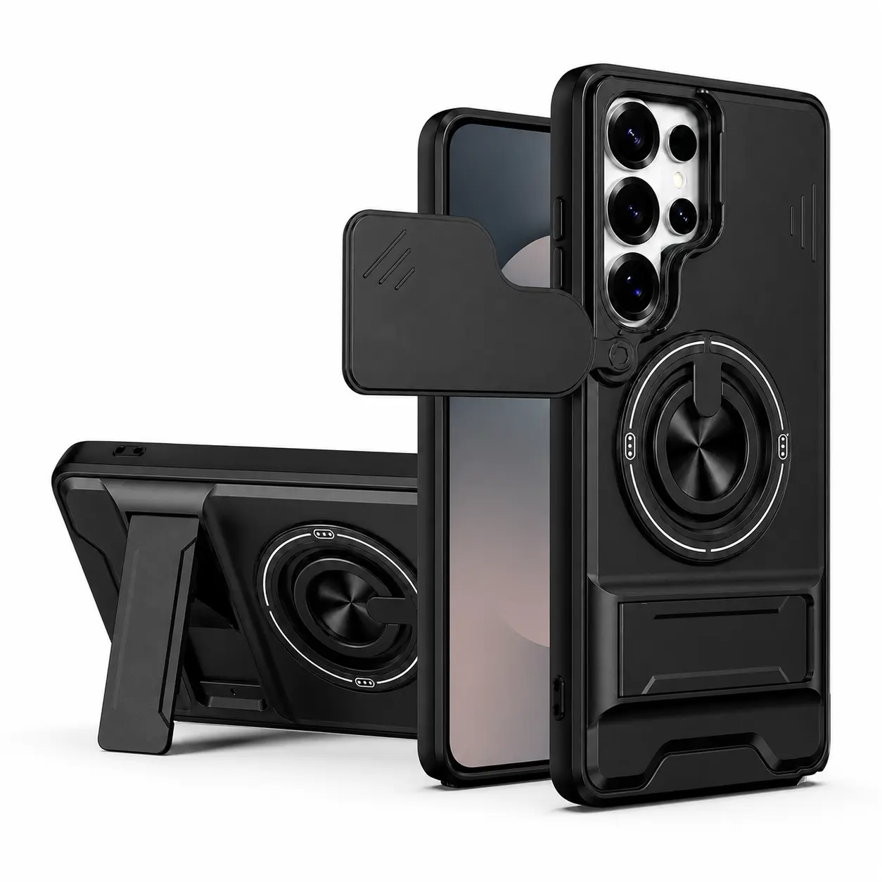 Rotating Ring Phone Case for Samsung S26/S25/S24/S23/S22/S21 Ultra, Camera Lens Protector Sliding Cover, Dual Kickstand, Shockproof Armor Shell