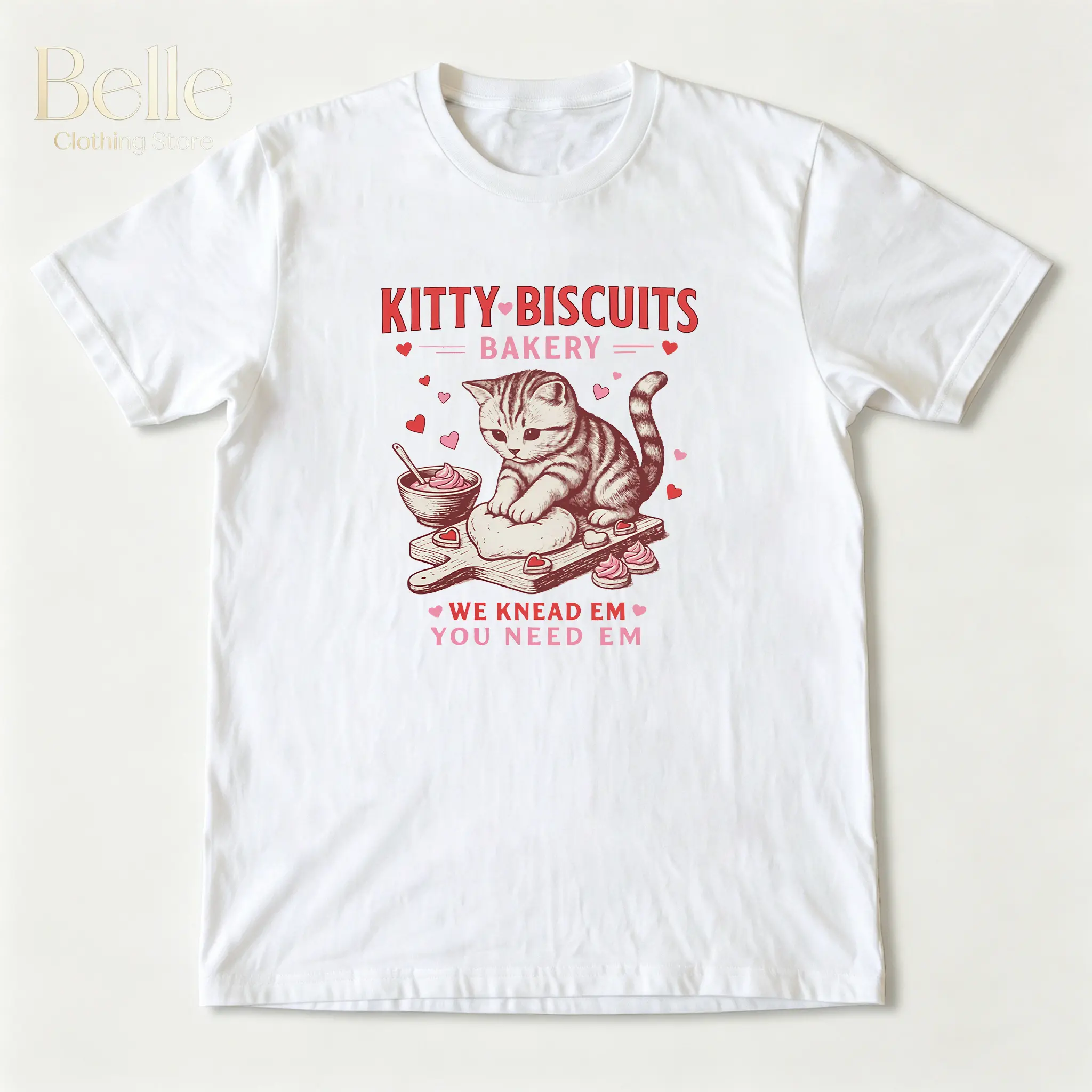KITTY BISCUITS Printed Design Unisex Vintage Crew Neck Regular Fit Cotton Fabric Casual Comfort Breathable Short Sleeve Funny T-shirts Fashion Men&Women's Top for Streetwear 123104