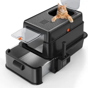 Stainless Steel Enclosed Cat Litter Box with Top Entry, Foldable Hooded Design with Lid, Leakproof Deep Pan for Easy Cleaning, Includes Litter Mat