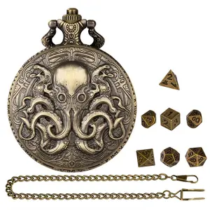 Retro Vintage Warlock Octopus Eyes Pattern Empty Pocket Watch Case with FOB Chain, Includes 7 Mini Metal Polyhedral Dice, Tabletop Role-Playing Game Accessories, Gift for Board Game Lovers