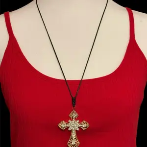 Gothic Gold Tone Cross Pendant Necklace Adjustable Black String Rope Victorian Retro Style New