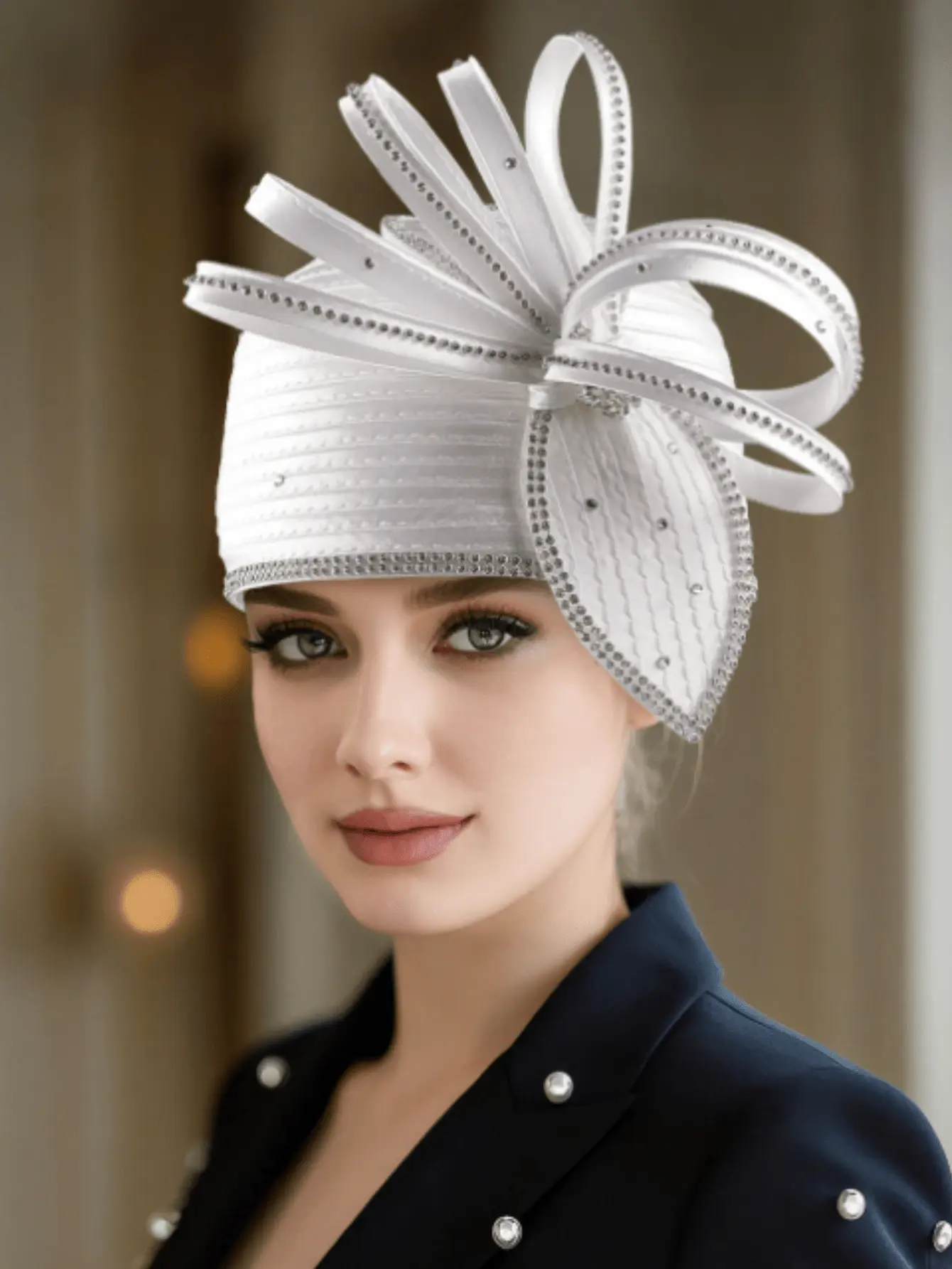 Beaded Satin Fascinator Half Hat ForChurch, Fashion Rhinestone Braid Hat Temple Hat ForTea Parties, Weddings Dress Hats, Turban Pillbox Hat