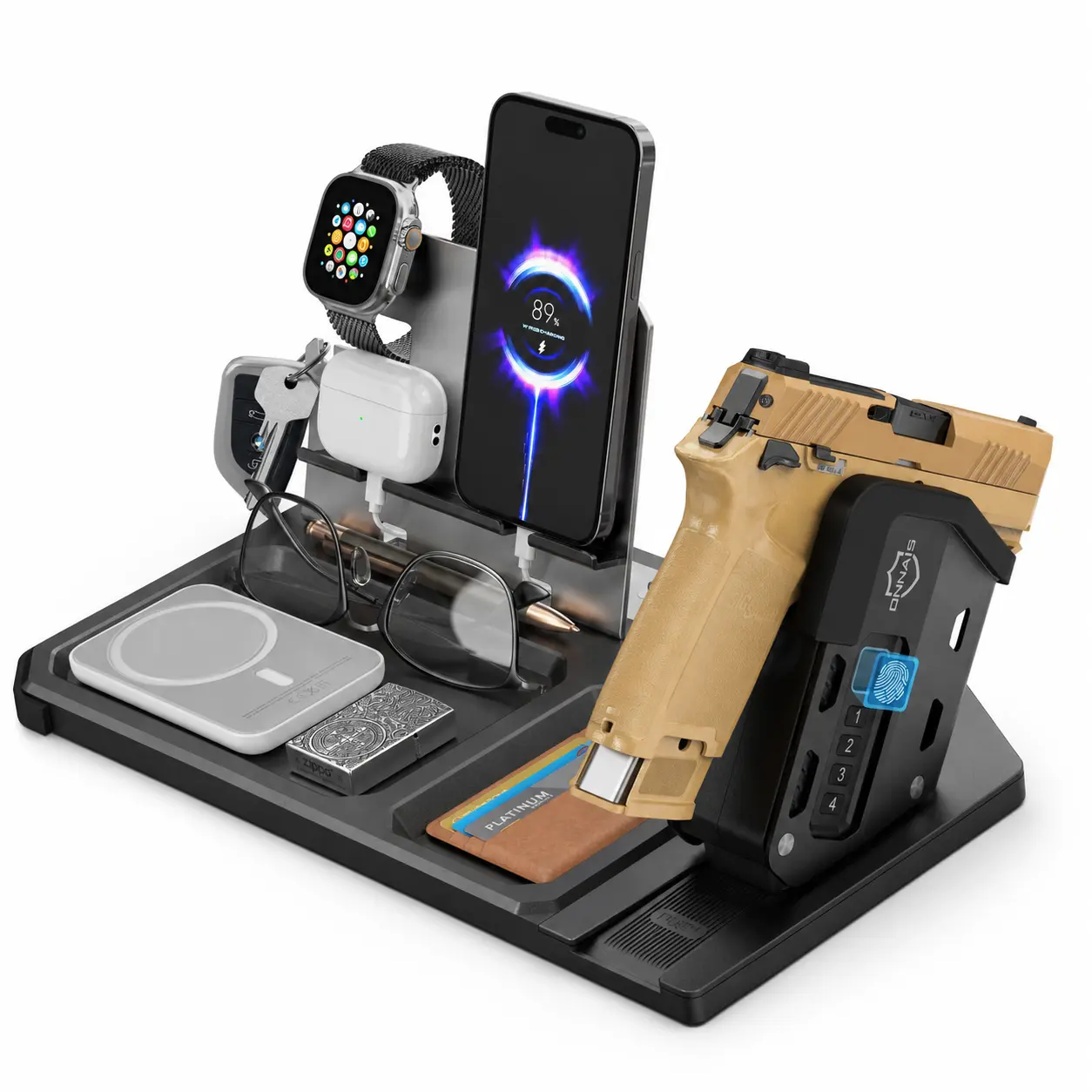 ONNAIS Biometric Nightstand Organizer, EDC Valet Tray & Charging Station for Men