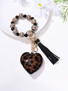 Fashion PU Leather Leopard Print Heart Wooden Bead Wrist Keychain, Car Decoration Anti-Loss Key Chain, Birthday Party Gift, Stylish Keychain