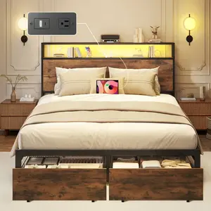 Queen & Full Bed Frame With Storage, 2-Tier Storage Headboard & Built-In Drawers, Metal Platform Bed With USB Charging Station & LED Lights, Noise Free, No Box Spring Needed, Easy Assembly,Retro Brown