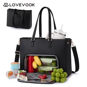 LOVEVOOK Lunch Tote Bag for Women,3 in 1 Work Bag with Leakproof Cooler Compartment, 15.6inch Laptop Bag with Large Cup Holder for Office, College, Casual, Beige-black-brown