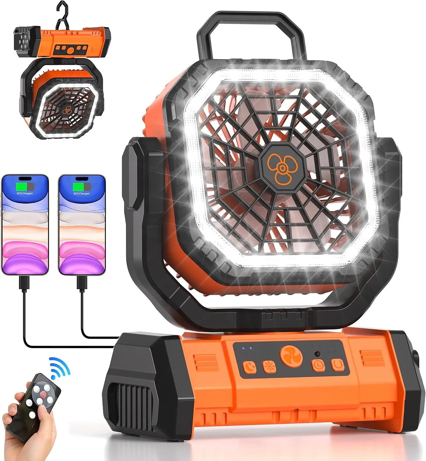 30000mAh Portable Camping Fan with LED Lantern & Remote, 2-in-1 Rechargeable Fan & USB Power Bank, Quiet 270° Auto-Oscillating Battery Operated Fan with Hook for Tent, RV, Jobsite, Golf Cart, Hurricane, Power Outage & Emergency