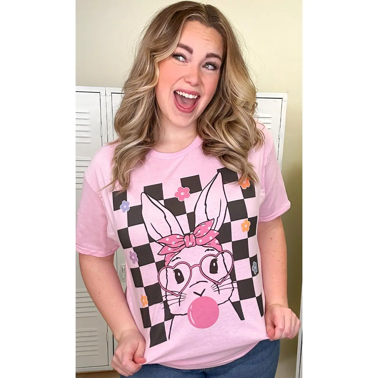 Tees2urdoor Women's Cotton Short-Sleeve T-Shirt - Fitted Basic Casual Streetwear Top, Checkerboard Bunny Graphic, Bandana Accent, Flower & Heart Details