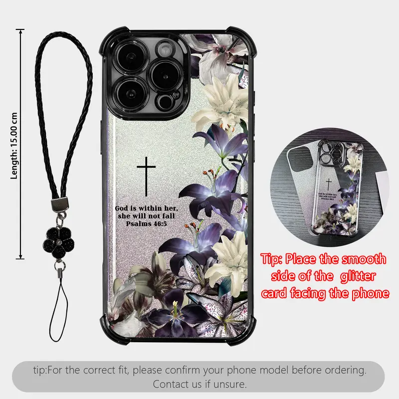 Retro Floral Aesthetic Four-Leaf Clover Lanyard Phone Case, Christian Psalms 46:5 Cross for iPhone Galaxy 18Pro Max 17Air 16Plus 15 14 13 12 11 XR XS S26 S25 S24 S23 S22 cases, Transparent cover, Non-Yellowing, Shockproof Drop,Gifts for girls.JL75