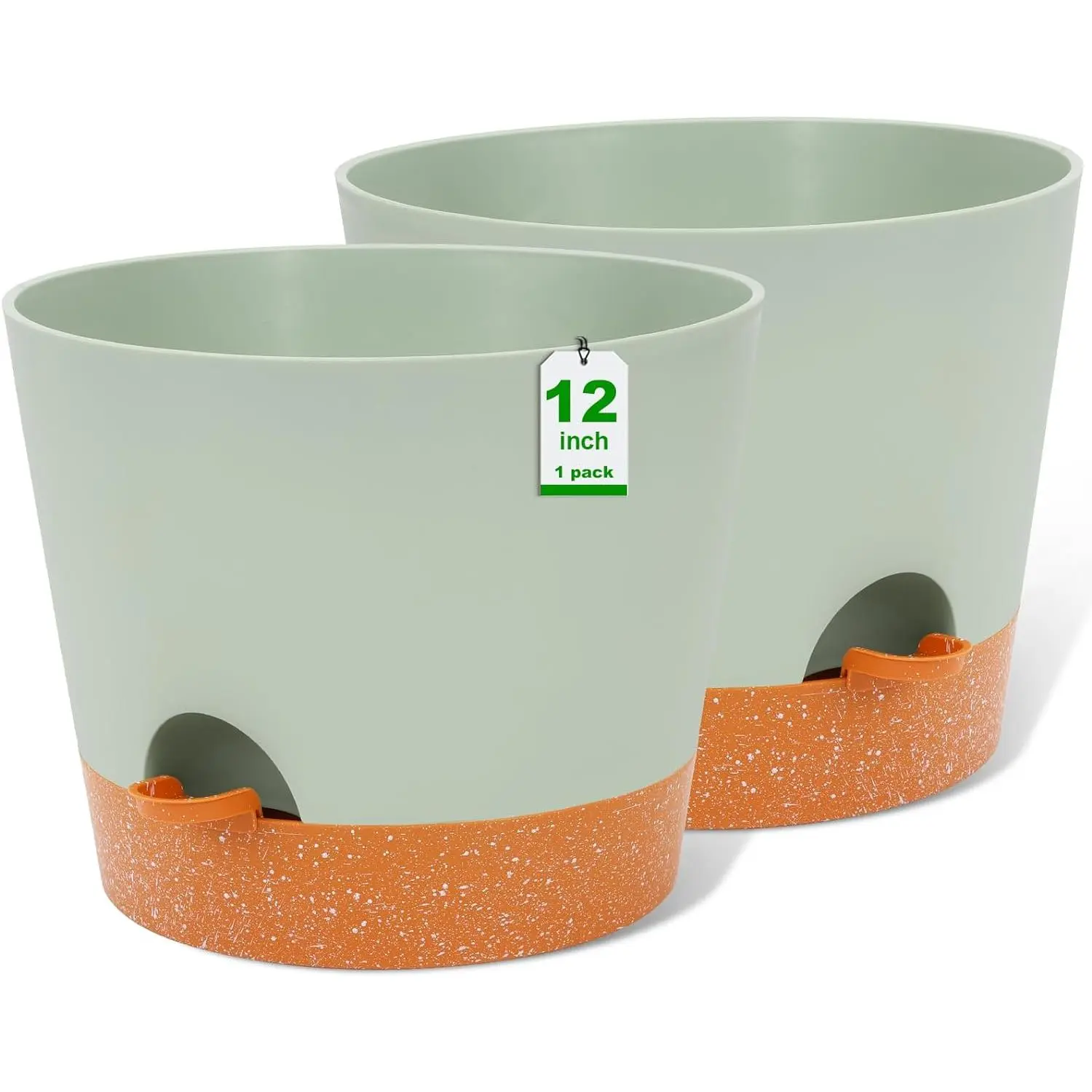 12 inch  Pots, planters, Self Watering Pots, 2 Pack Large Plastic Flower pots with Deep Reservior and High Drainage Holes for Indoor Outdoor  and , Green