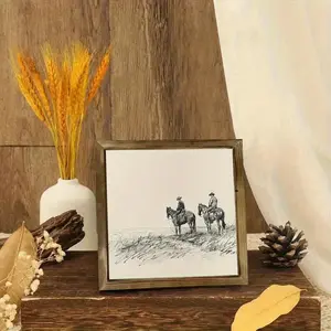 Classic Western Cowboy Horseback Riding Sketch, 8X 8inch Wooden Frame Wall Art - Lightweight, Polished Surface, Rustic Home Decor, Suitable for Kitchen, Bathroom, Cafe, and Store, Western Home Decor with Exquisite Wooden Frame