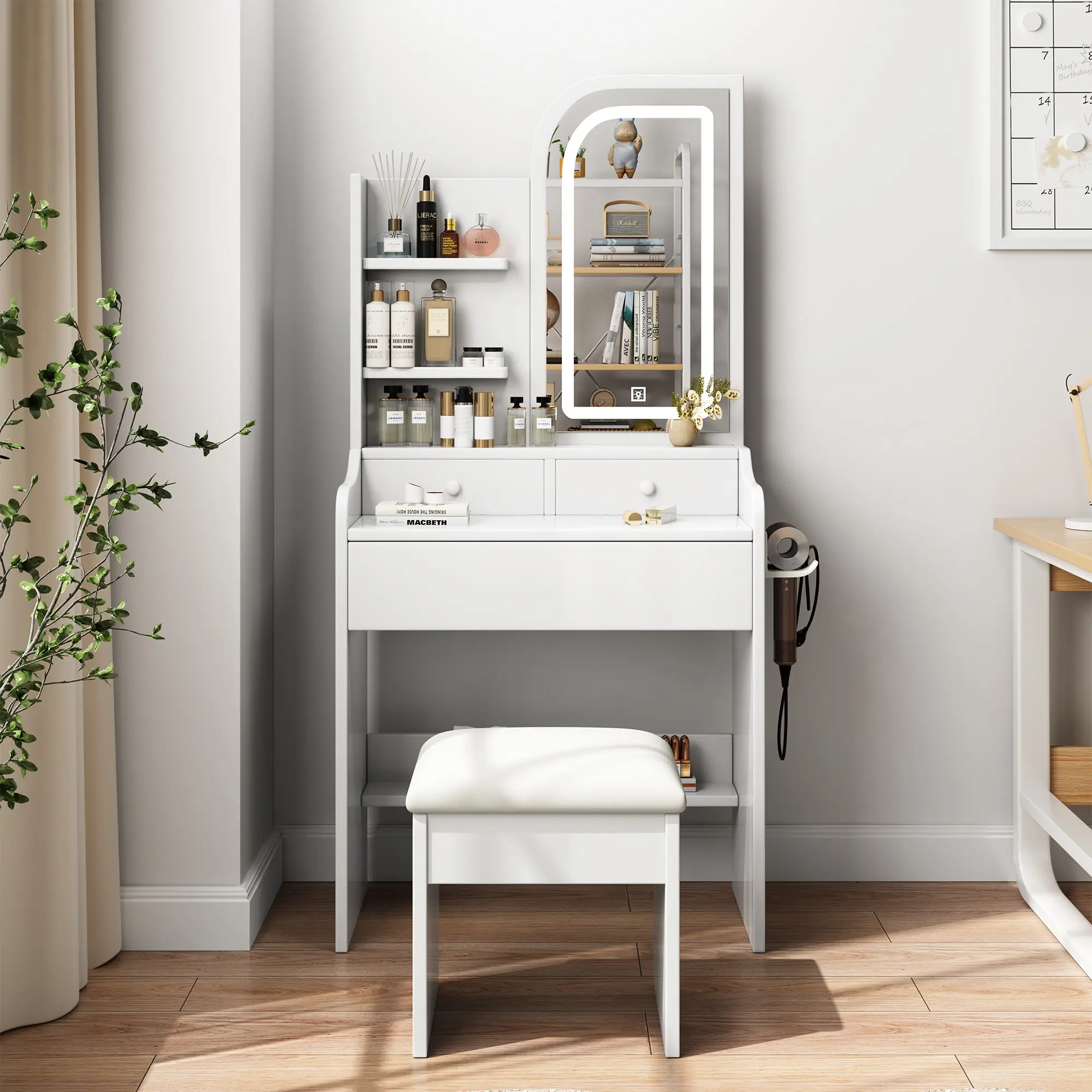 Small Space Vanity Table with Mirror and Lights, Makeup Cabinet with Hair Dryer Holder and Stool, Vanity Stand with 3 Color Lighting Brightness Adjustable Mirror, 3 Drawers, Suitable for Young Lady