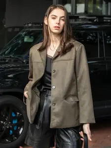 Women's 2026 Fall Winter Fashion Retro Suede Button Blazer, Plain Lapel Long Sleeve Pocketed Loose Jacket, Elegant Commuter Style, Casual Daily Wear